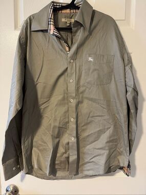 Burberry London Men’s L Olive Gray Nova Check Stretch Cotton Shirt England